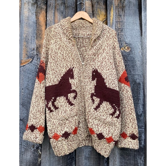 Vintage Sweaters - VINTAGE HAND KNIT cowichan horse hand knit wool zip up cardigan sweater large